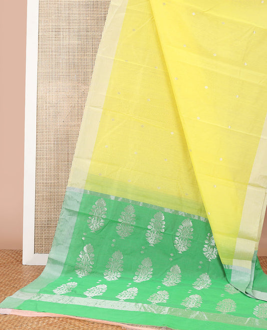 Lemon yellow floral design chanderi cotton saree with self zari border & floral design pallu