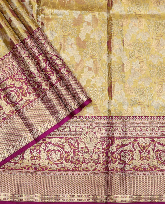 Green pure silk half saree, floral jacquard skirt, contrast jacquard blouse and Mughal style border, and intricate dhavani