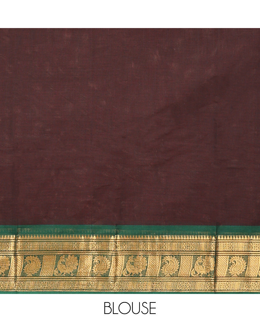 Brown Chettinad Cotton Saree, Adorned with Buttas All Over Its  Body, Complemented by a Contrasting Traditional Zari Design Border, a Pallu of Stripes, and Paired with a Matching Blouse