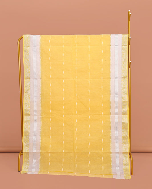 Yellow Bengal Cotton Saree, Adorned with Buttas All Over Its Body, Highlighted by a Traditional Zari Design Border, Pallu of Buttas, and Paired with a Matching Blouse
