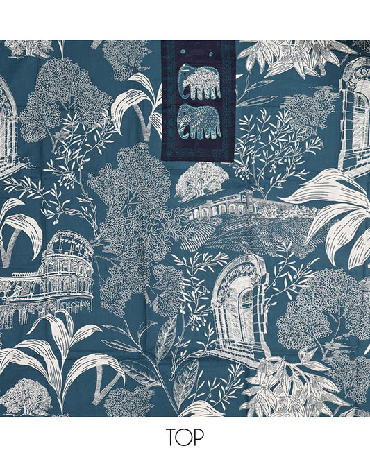 Blue Material Chudidar Set, Adorned with Tropical Floral and Building Print and Neck Embroidery on Cotton Top, a Contrast Plain Cotton Bottom, and Paired with a Geometric Printed Matching Cotton Dupatta
