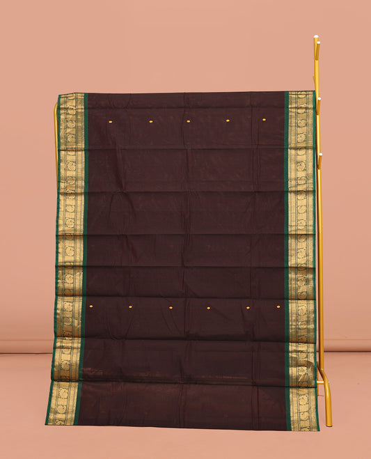 Brown Chettinad Cotton Saree, Adorned with Buttas All Over Its  Body, Complemented by a Contrasting Traditional Zari Design Border, a Pallu of Stripes, and Paired with a Matching Blouse