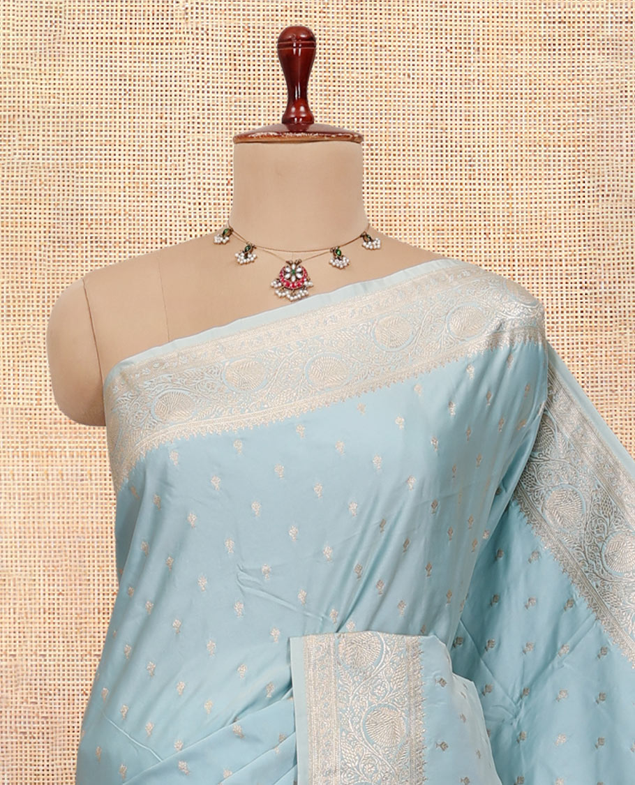Pale Blue Semi-Banaras Satin Silk Saree