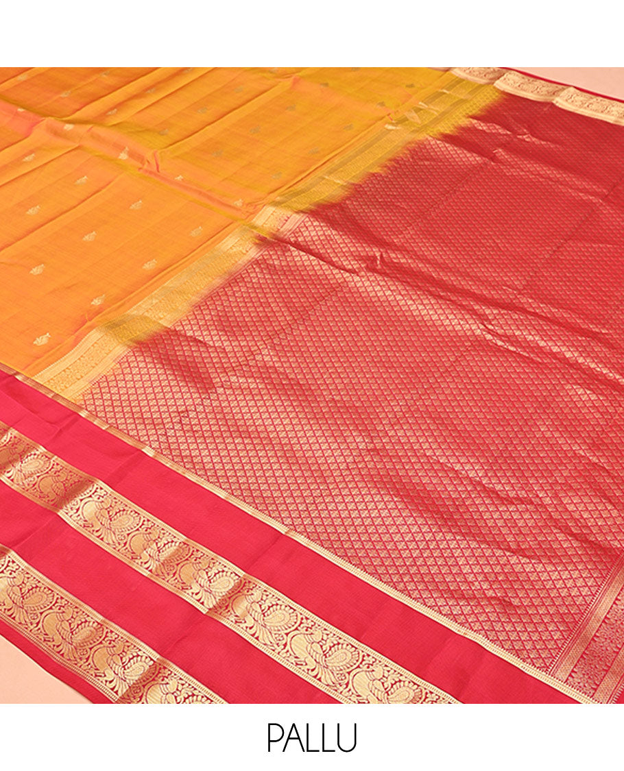 Orange Vasundhara Silk Mix Saree, Richly Woven with Zari Buttas All Over Its Body, Complemented by Contrast Border of Peacock Designs, Grand Jaal Pallu, and Paired with a Contrast Blouse