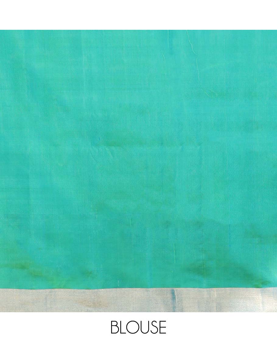 Green buttas soft silk saree with contrast floral border & ogee pattern pallu