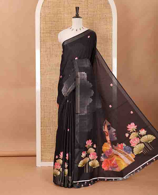 Black pichwai lotus & mughal arches printed soft tussar saree,zari border, pichwai lotus & Radha Krishna printet pallu & pichwai lotus printed blouse