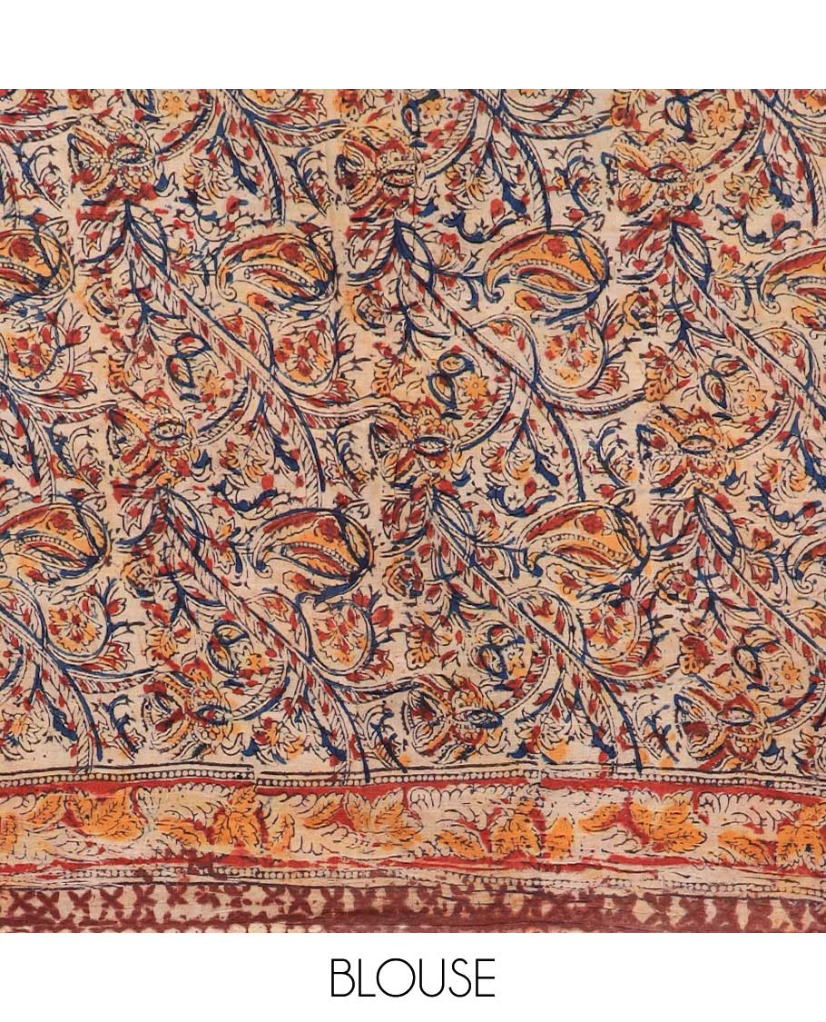 Brown floral design kalamkari cotton saree with contrast floral border & intricate floral design pallu