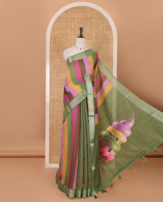 Green-base colorful vertical stripes printed linen cotton saree, silver zari bavanji border, ice cream motifs printed pallu & contrast printed blouse