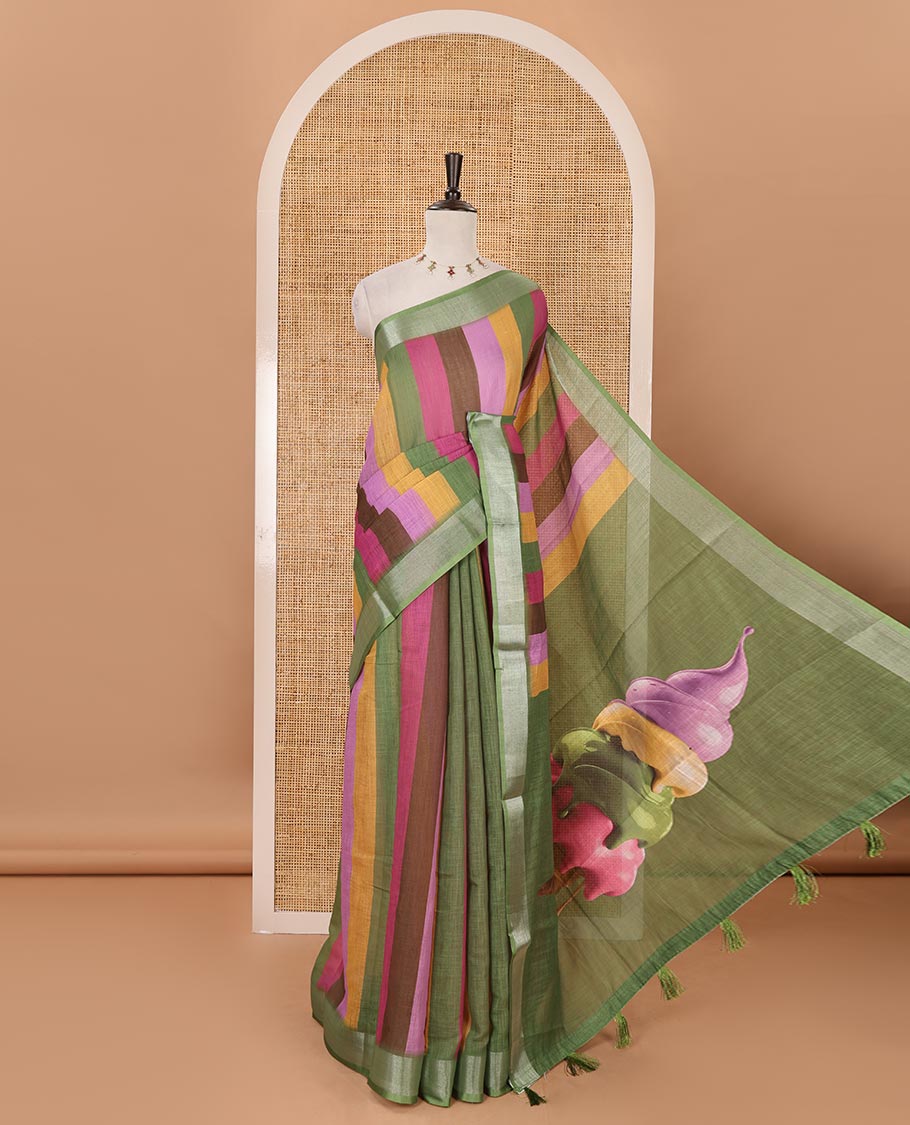 Green-base colorful vertical stripes printed linen cotton saree, silver zari bavanji border, ice cream motifs printed pallu & contrast printed blouse