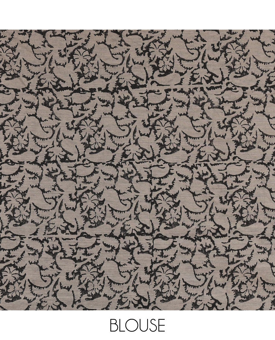 Borderless black butterfly motifs patch embroidered South cotton saree, butterfly motifs embroidered pallu, and a contrast block printed blouse