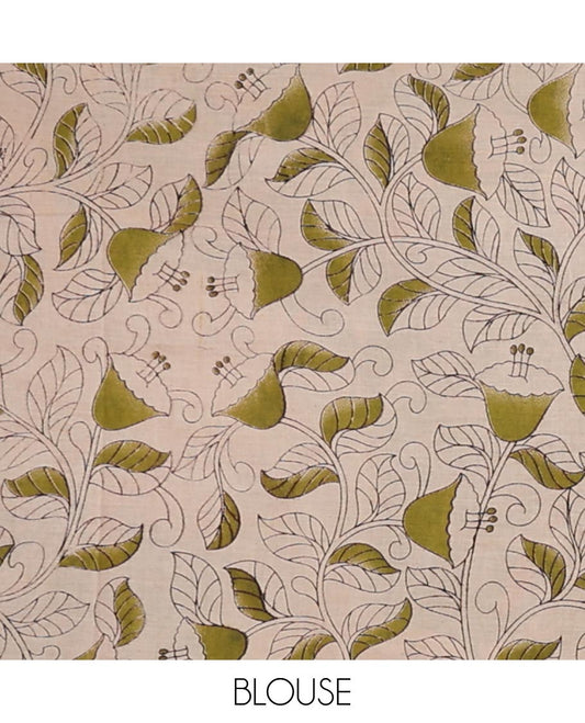 Cream floral vine design machine-printed kalamkari cotton saree with contrast floral design border & peacock , floral design pallu