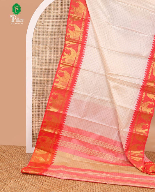 Cream zari checked design dola silk saree with contrast elephant design border & chit pallu along with checked design blouse