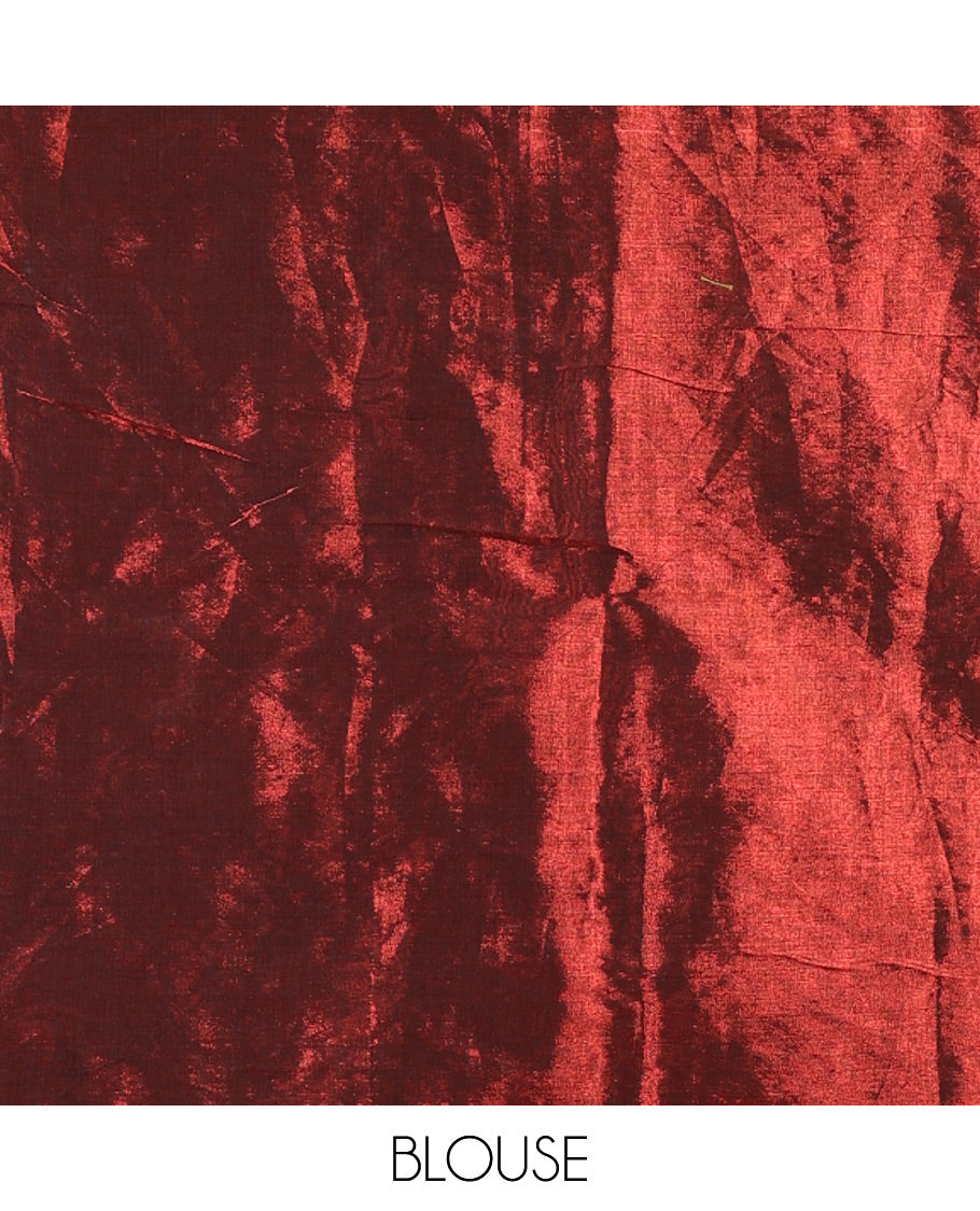 Borderless maroon mirror work khadi tissue saree, mirror work pallu, and a matching blouse