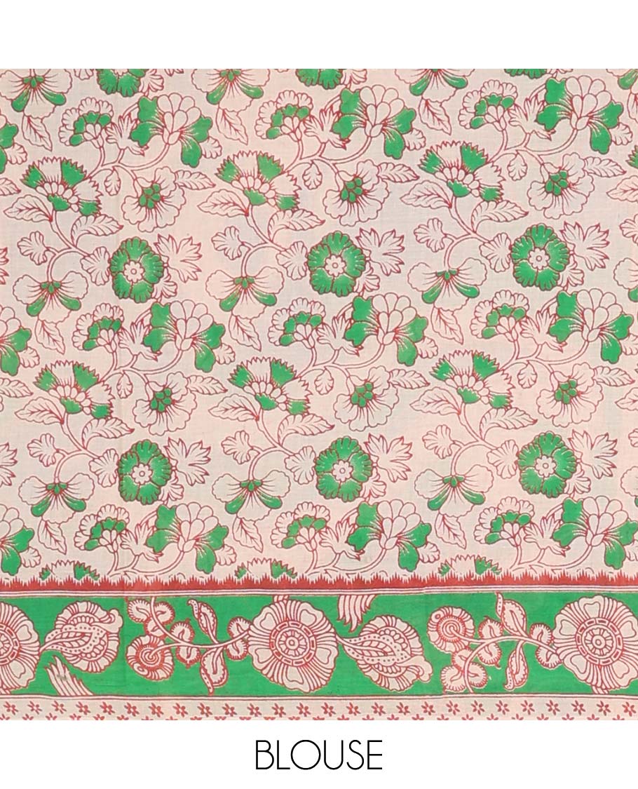 Cream floral vine design machine-printed kalamkari cotton saree ,contrast floral border & peacock design pallu