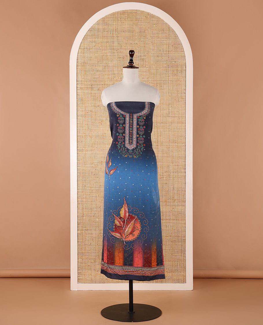 Peacock blue chudidar material set, double-shaded daman flower design print with stone work crepe top, leaf motif print & lace work kaleidoscopic-colored chinon dupatta & plain crepe bottom