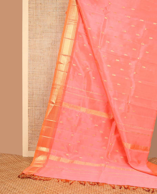 Peach buttas kancheepuram silk saree with contrast border of rekku, muthu, banaras design & striped, floral design pallu
