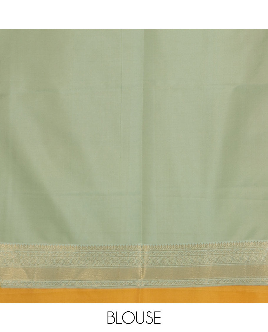 Yellow chakra buttas semi-soft silksaree,contrast ganga jamuna rettai pettu traditional border & pallu of paisley & stripes