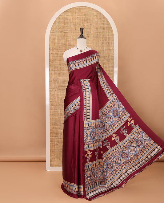 Wine plain design modal satin saree, Ajrakh printed border, floral-Ajrakh printed pallu & Ajrakh printed blouse