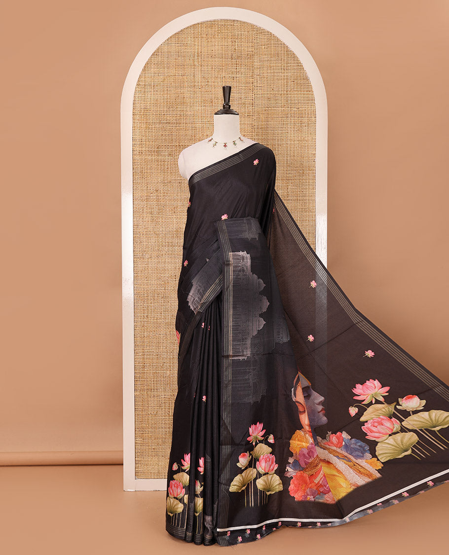 Black pichwai lotus & mughal arches printed soft tussar saree,zari border, pichwai lotus & Radha Krishna printet pallu & pichwai lotus printed blouse