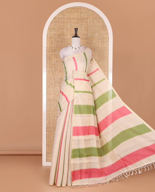 Borderless cream, colorful striped tissue saree, unique motifs printed pink color blouse