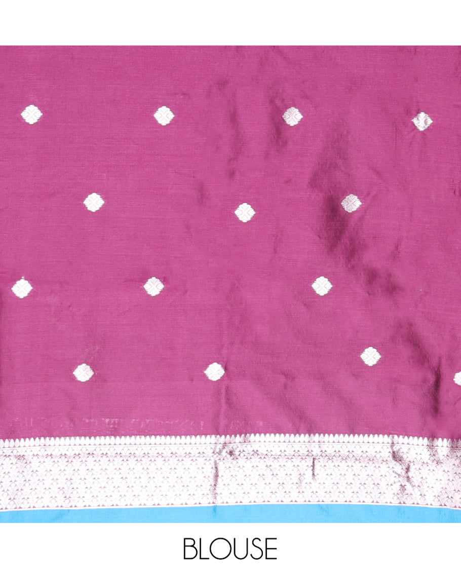 Blue Art Kanchi Silk Saree Features Jacquard Design, a Zari-Motif Border, Contrast Intricate Pallu, and a Contrast Blouse