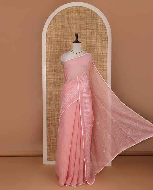 Pink diamond patterns white resham thread embroidered mercerised cotton saree, lace border, and matching plain blouse