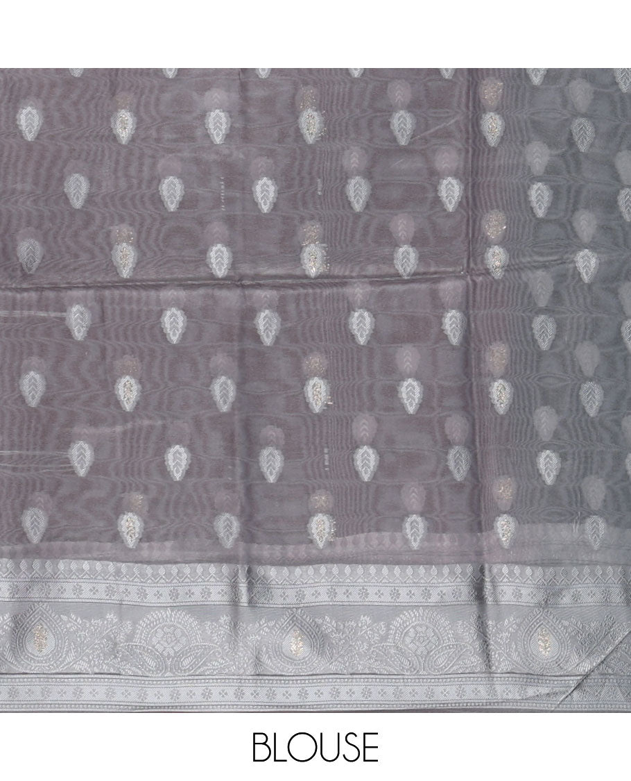 Pink jaal thread weaving banaras brasso saree with contrast thread border & thread weaving pallu along with butta design blouse
