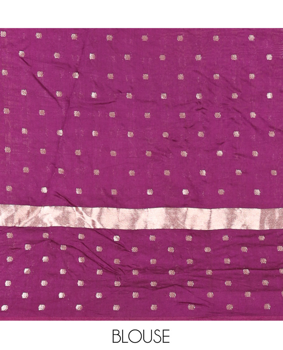 Pink Assam Silk Saree, Masterfully Woven with Zari Buttas on Its Body, Complemented by Contrast Border Steeped with Zari Buttas, Pallu Steeped with Gleaming Zari Stripes and Buttas, and Paired with a Contrast Blouse