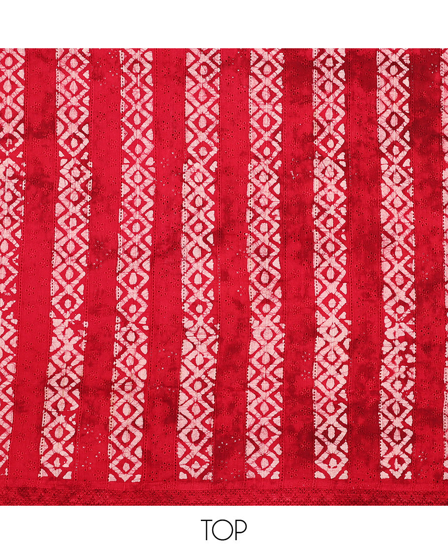 Red chudidhar material set geometric batik printed with embroidery top , batik printed bottom & geometric batik printed dupatta