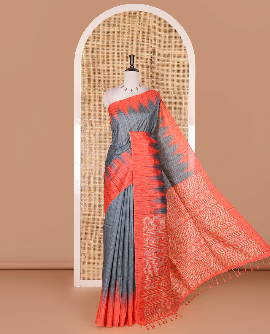 Grey full plain katan silk saree, contrast temple border, odisha style printed pallu, and contrast plain blouse