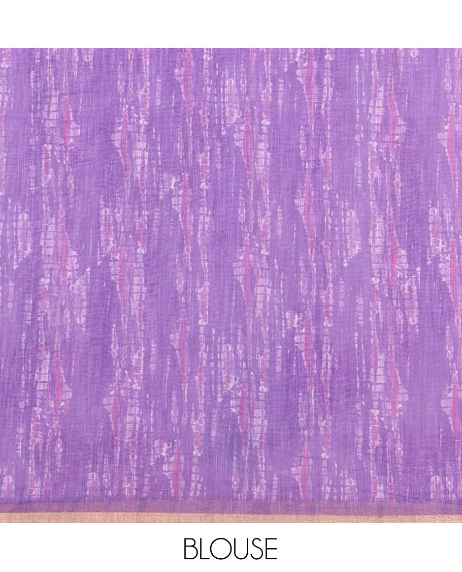 White-Violet Linen Cotton Saree, Decked Up with Shibori Print, a Piping Border, Shibori-Printed Pallu, and a Contrast Blouse
