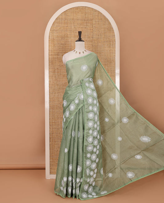 Parrot green star flower motifs chikankari-style embroidered kota check saree, lace border & matching checked blouse