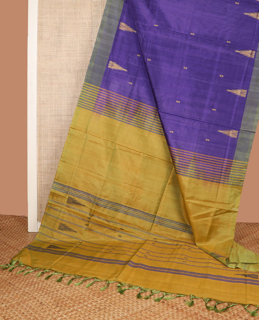 Violet Banana Pith Saree, Uniquely Detailed with Buttas and Temple Buttas All Over Its Body, Complemented by a Contrast Border, Pallu Steeped with Stripes and Buttas, and Paired with a Contrast Blouse