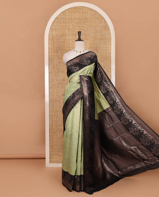 Liril green zari checked & floral buttas kanchi silk saree,contrast satin border of floral zari motifs,intrictae pallu & contrast plain blouse