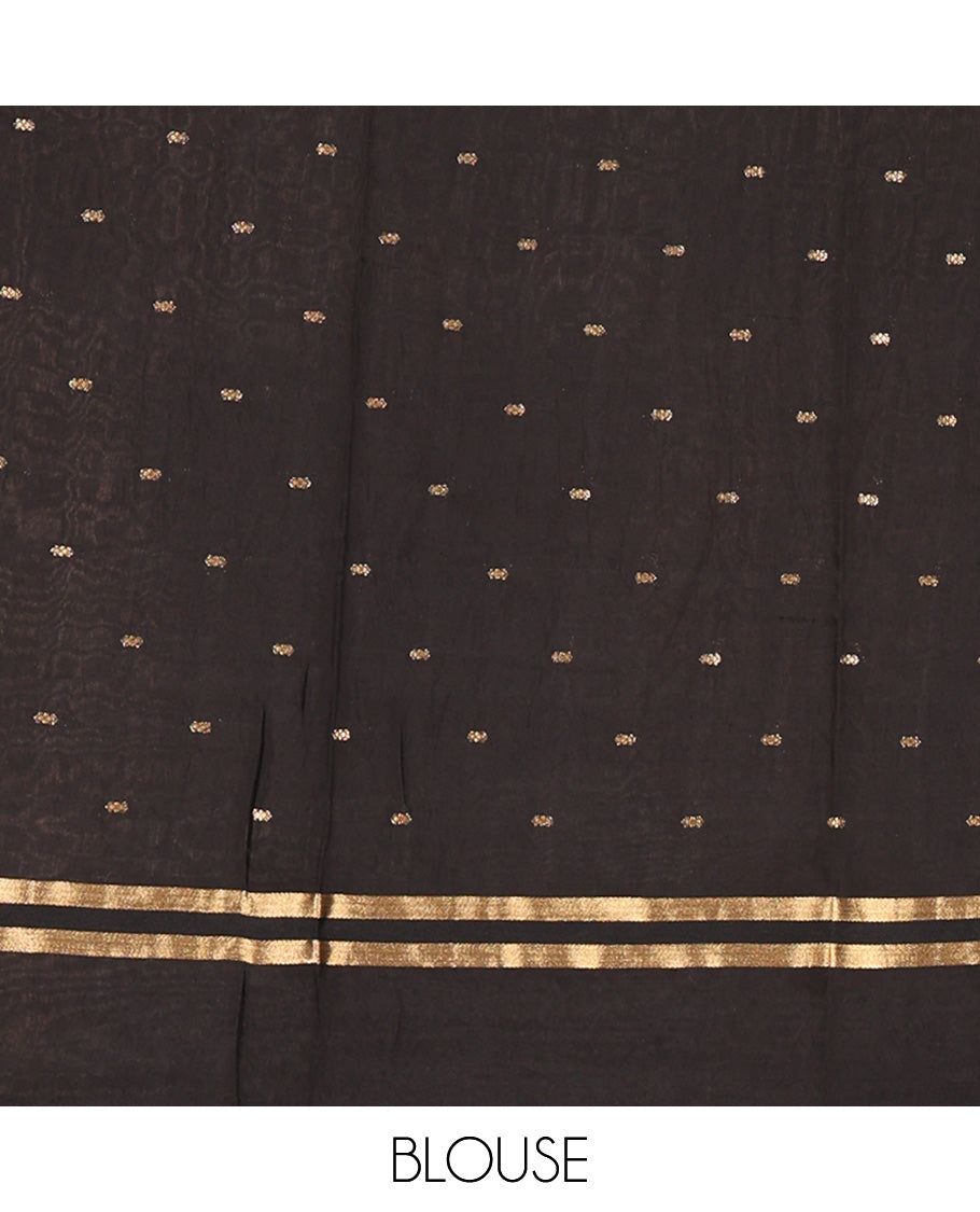 Black Assam Silk Saree, Adorned with Buttas on Its Body, Highlighted by a Self-Border of Paithani-Style Floral-Bird Motifs, Zari Striped Pallu, and Paired with a Matching Blouse