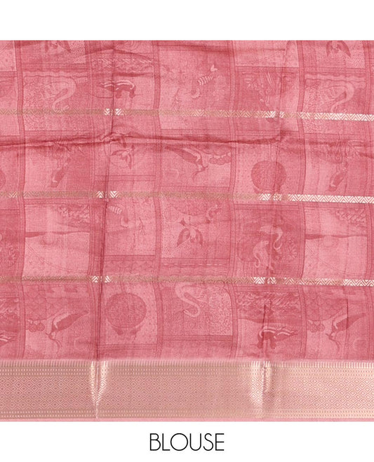 Onion pink horizontal zari striped with bird motifs printed soft tusser saree, traditional zari border & geometric printed pallu