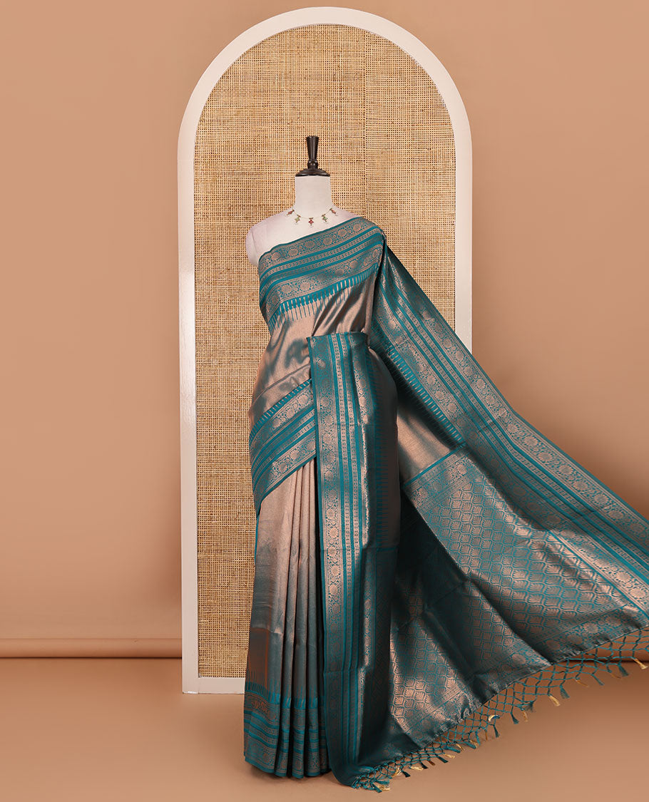 Ramar green kanchi tissue jacquard saree, traditional zari temple border, zari woven jaal pallu & contrast small buttas blouse