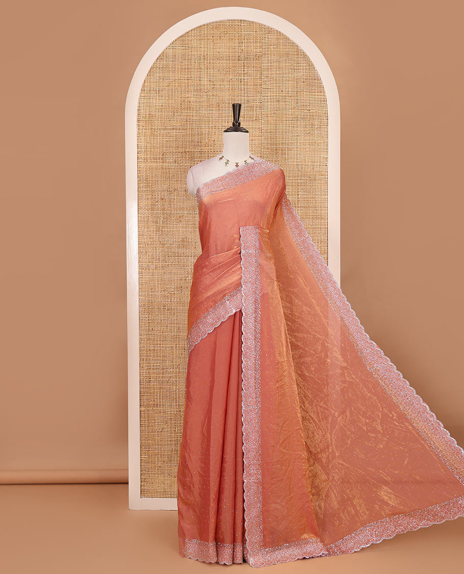 Onion Pink Swarovski crystal stone embedded fendy chiffon saree, scallop Swarovski stone embroidered border, and contrast plain blouse