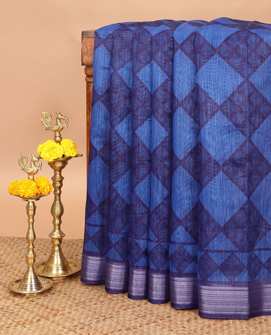 Royal blue diamond printed design semi chanderi cotton saree with zari bawanchi border & pathik printed rich pallu along with printed blouse