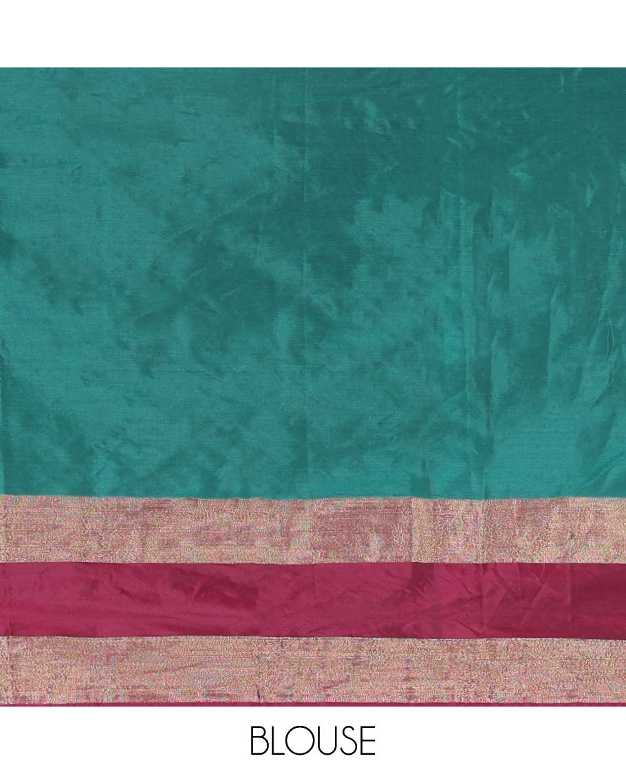 Green Soft Silk Saree, Adorned with Rudraksham Motifs All Over Its Body, Complemented by a Contrast Rettai Pettu Border, Pallu Pictures a Big Circle, and Paired with a Matching Blouse