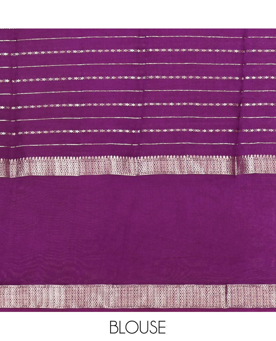 Lavender Zari Striped Assam Silk Saree, Complemented by a Contrast Traditional Zari Border, Zari-Striped Pallu, and a Contrast Blouse