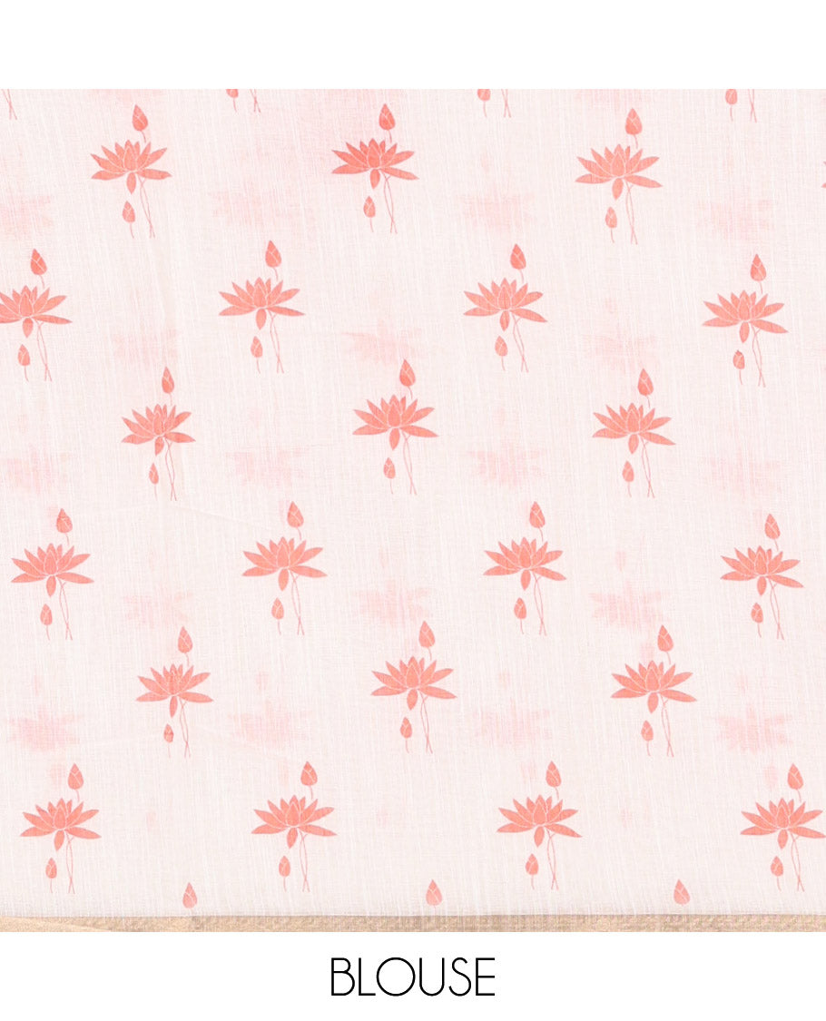 Cream Linen Cotton Saree, Entralled with Pichwai Lotus Motifs Print, Subtle Piping Border, Pallu Mirrors the Same Pichwai Lotus Print, and Paired with a Contrast Pichwai Lotus Printed Blouse