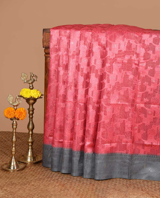 Pink jaal thread weaving banaras brasso saree with contrast thread border & thread weaving pallu along with butta design blouse