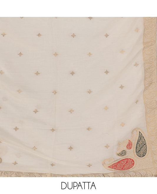 Cream banarasi mal chanderi material chudidar set,meena zari butta & zari swarovski stonework top,plain bottom & zari design dupatta