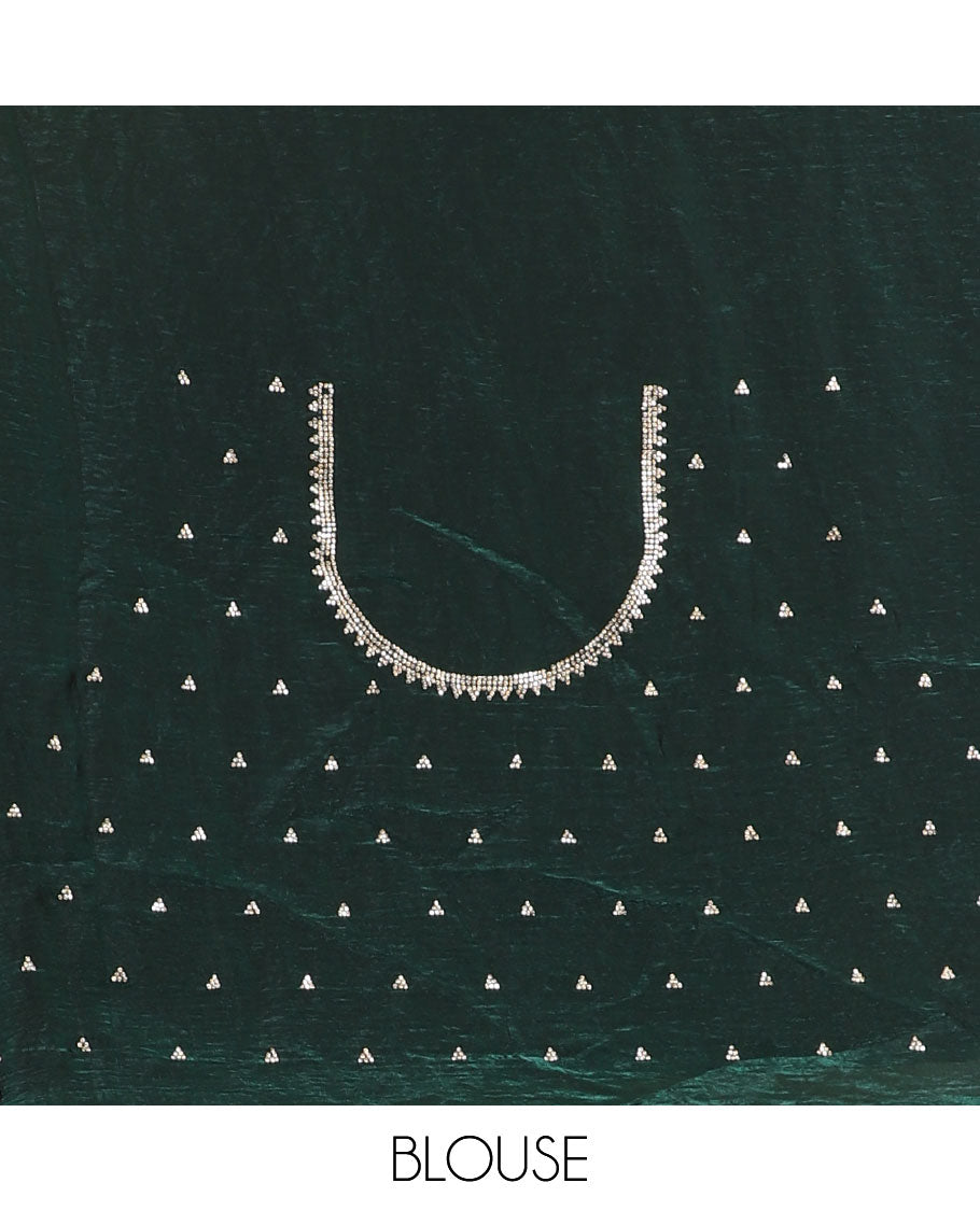 Green micro-stone work fendy chiffon saree with paisley stone work on its shoulder, a scallop stone work border, a butterfly style pallu, and a matching stone work blouse