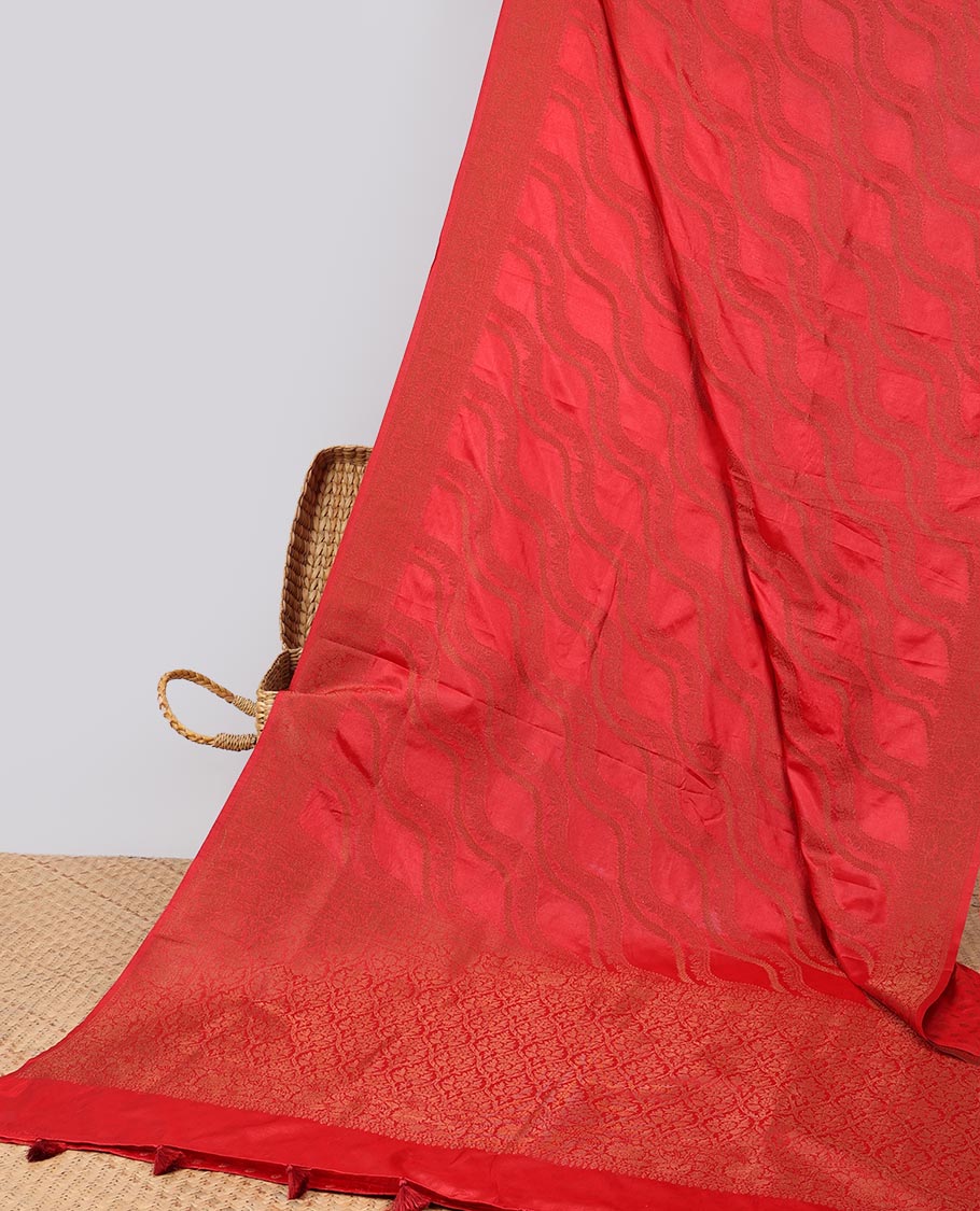 Red striped semi- banaras tussar saree with self zari  border & intricate zari ogee design pallu