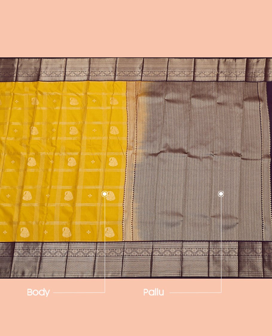 Yellow Budget Silk Saree, Subtly Sparkled with Zari Butta Enclosed Checks, Complemented by Contrast Traditional Border, Grand Pallu and a Contrast Blouse