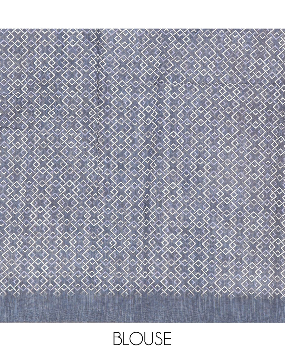 Dark Blue Linen Cotton Saree, Detailed with Floral and Deer Motifs Print, a Contrast Border, Striped Pallu, Contrast Blouse