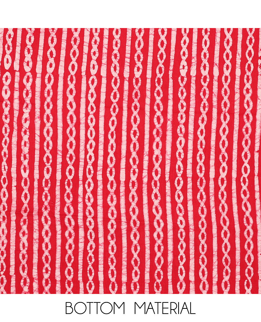 Red chudidhar material set geometric batik printed with embroidery top , batik printed bottom & geometric batik printed dupatta