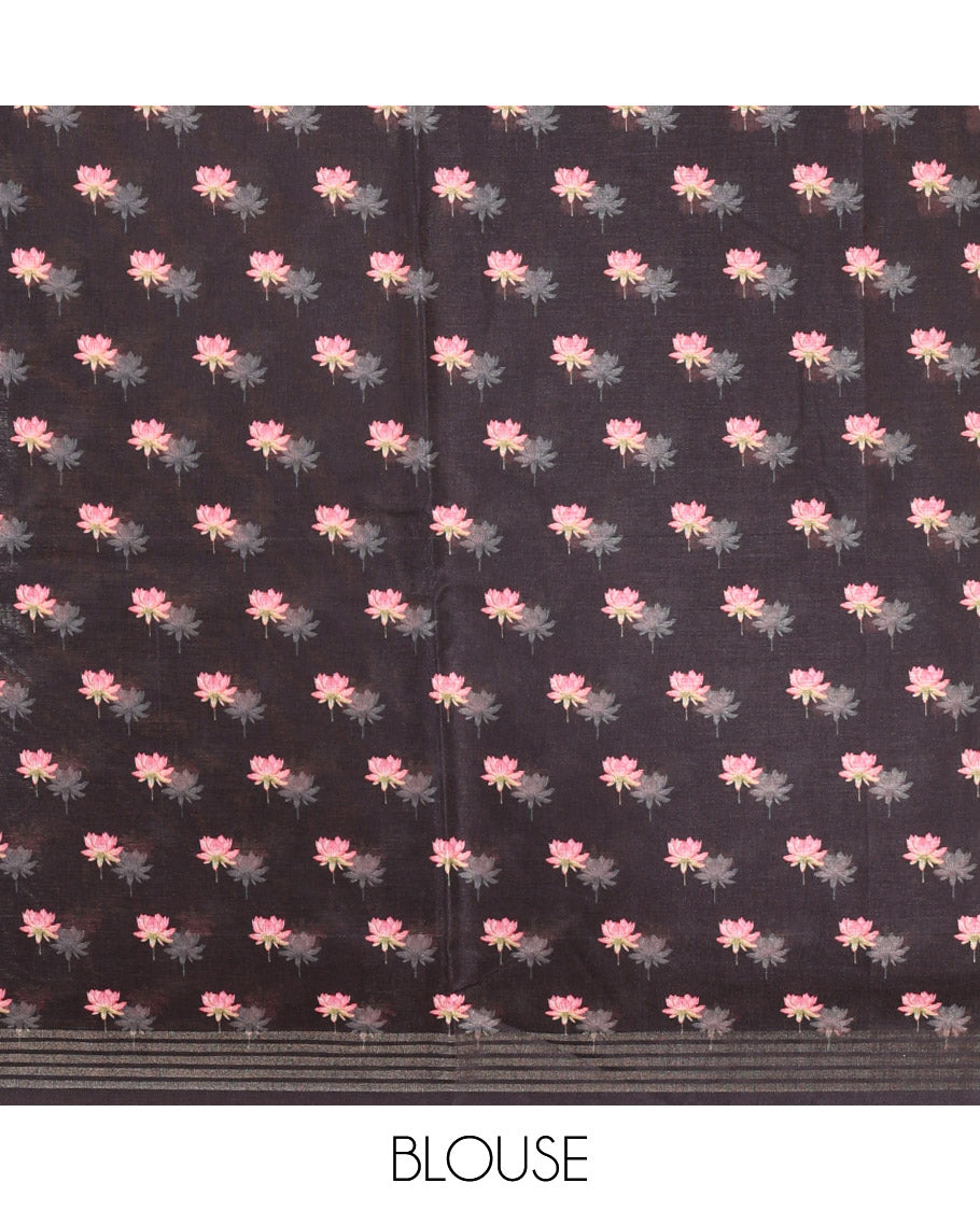 Black pichwai lotus & mughal arches printed soft tussar saree,zari border, pichwai lotus & Radha Krishna printet pallu & pichwai lotus printed blouse